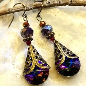 Victorian Volcano & Dark AB Crystal Filigree Drop Earrings In Brass